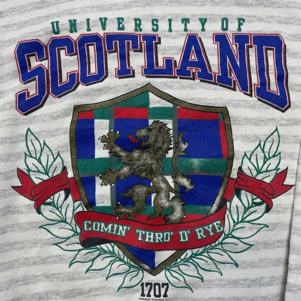 Vintage Scotland University Sweatshirt Men's L Grey Striped Crewneck Made in USA